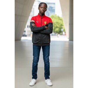 Puma Ferrari Official Boy L Red Black Full-Zip Jacket Italian Flag Stripes Logo